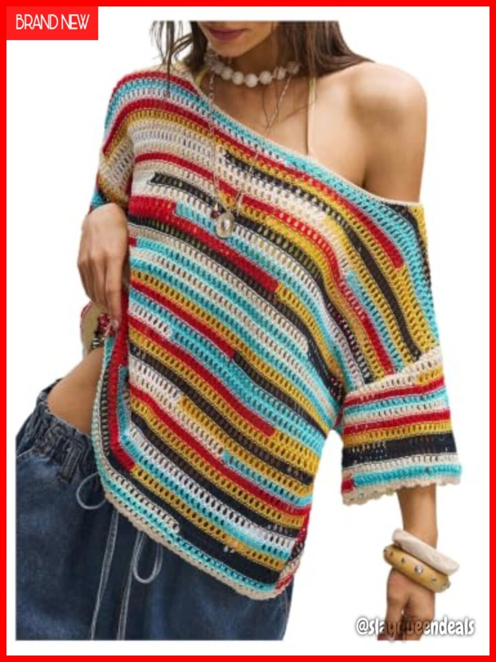 Off Shoulder Crochet Sweater Hollow Out Colorful Stripe Short Sleeve